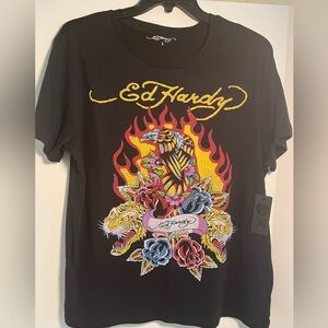 ED HARDY Rhinestone Cotton Blend Crew Neck Short Sleeve Graphic Teeshirt Unisex